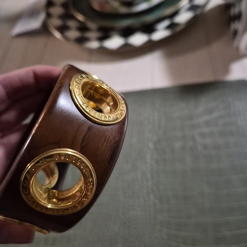 Coach Brown Wood Bangle Bracelet with Gold Tone Grommets